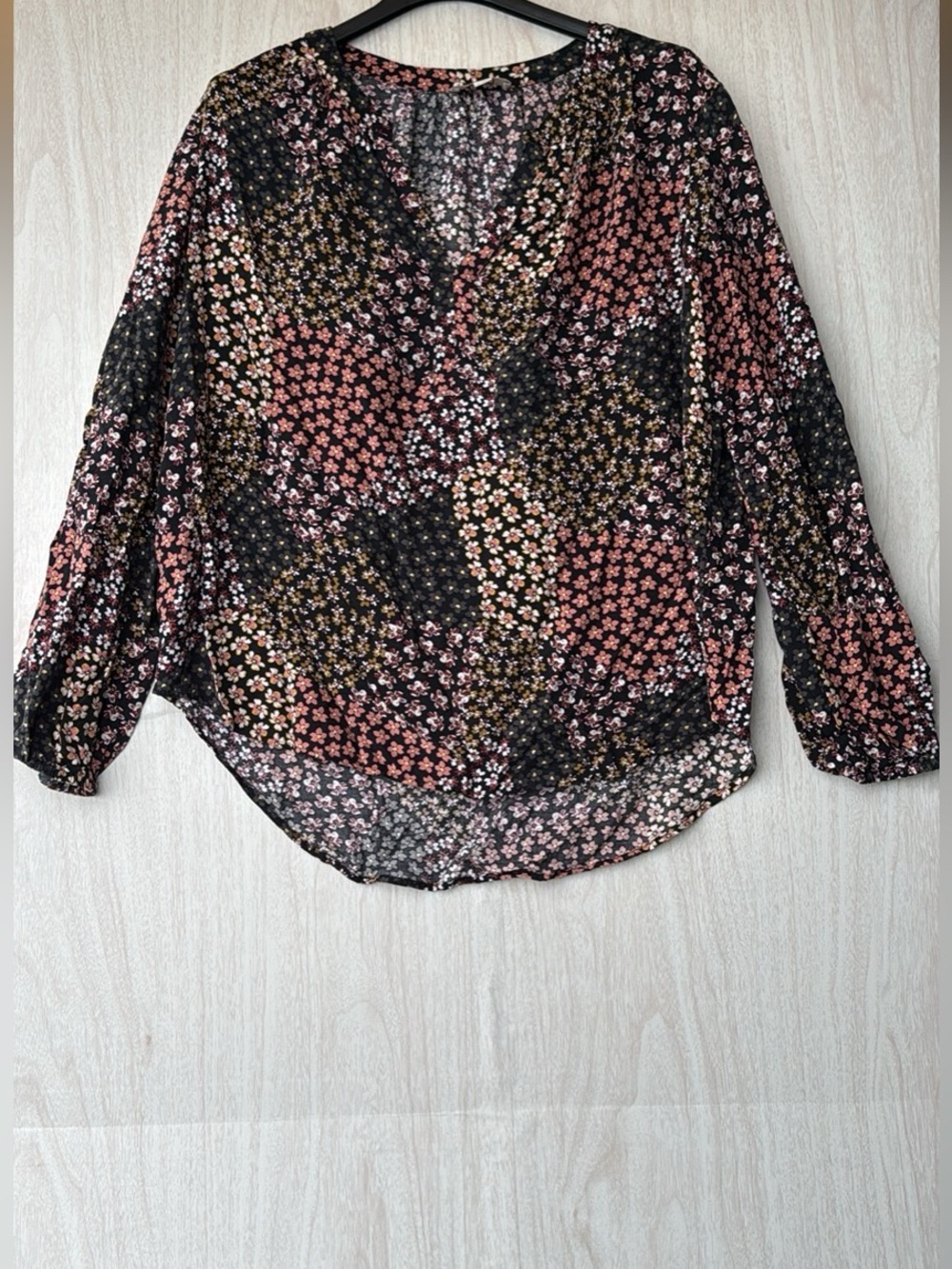 LOFT Floral Patchwork V-Neck Blouse - Black & Pink